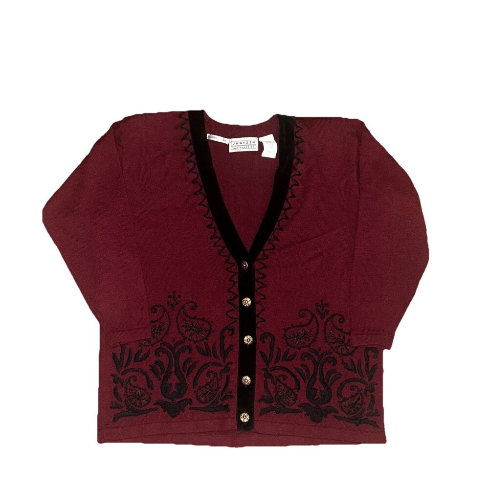 Vintage 90s Hand-Embroidered Floral Scroll Design Cardigan size L - Picture 1 of 5